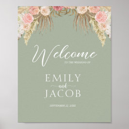 Sage Green Boho Floral Whimsical Bruiloft Welkom Poster