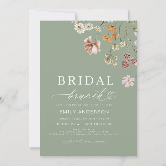 Sage Green Boho Floral Wildflower Bruidsbrunch Kaart (Voorkant)