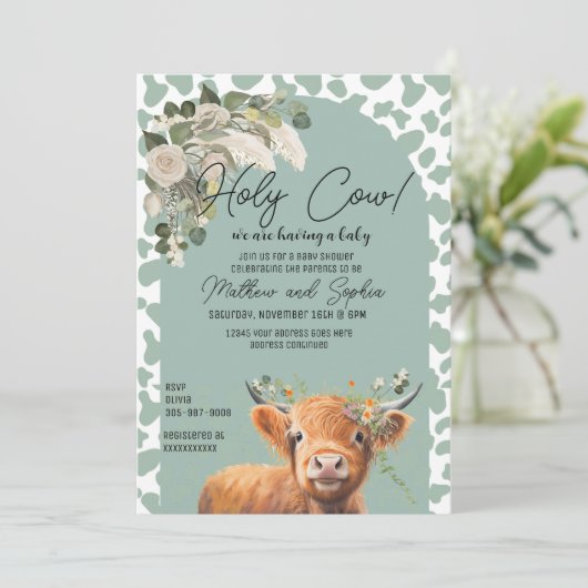 Sage Green Boho Heilige Koe Baby shower Uitnodigin Kaart (Staand voorkant)