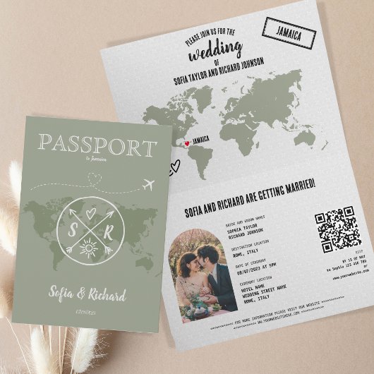 Sage Green Boho Huwelijkspaspoort Kaart QR Code