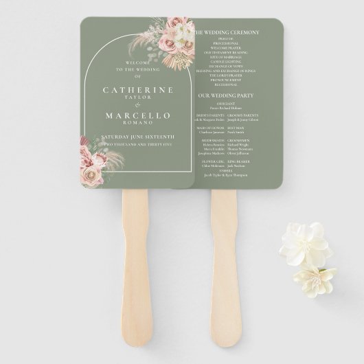Sage Green Boho Pampas Grass Arch Wedding Programm Handwaaier (Voorkant en achterkant)