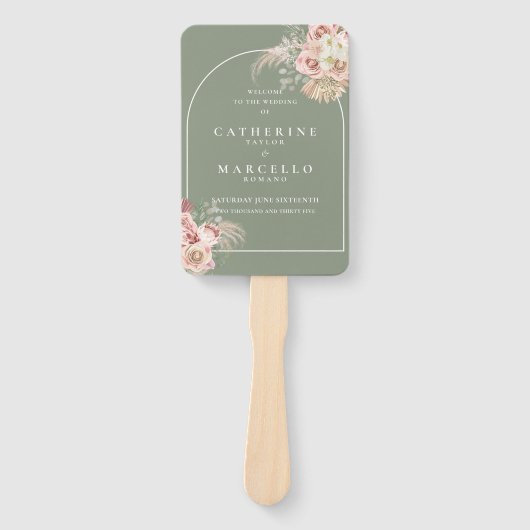 Sage Green Boho Pampas Grass Arch Wedding Programm Handwaaier (Voorkant)