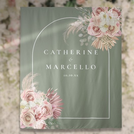 Sage Green Boho Pampas Grass Floral Wedding Wandkleed