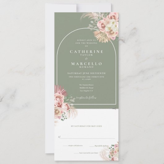 Sage Green Boho Pampas grass in één bruiloft Kaart (Voorkant)