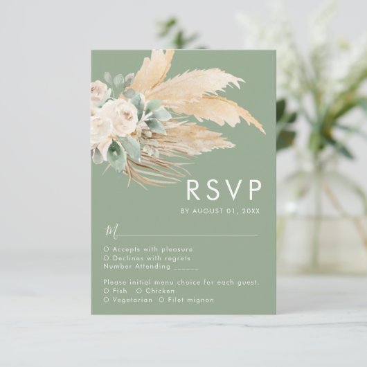 Sage Green Boho Pampas Grass RSVP Kaartje (Staand voorkant)