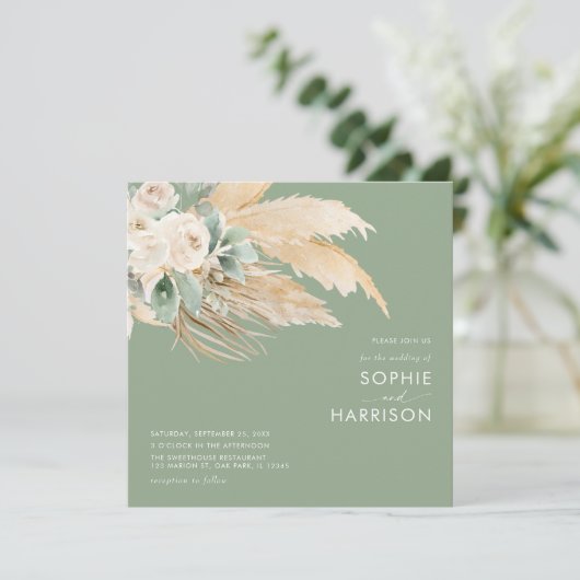 Sage Green Boho Pampas Grass Square Weddenschap Kaart (Staand voorkant)
