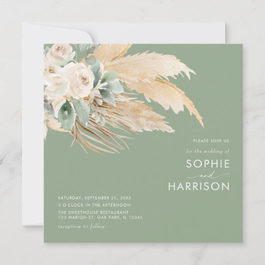 Sage Green Boho Pampas Grass Square Weddenschap Kaart (Voorkant)