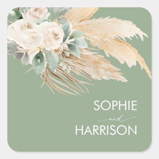 Sage Green Boho Pampas Grass Vierkante Sticker (Voorkant)