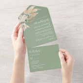 Sage Green Boho Pampas Grass Wedding All In One Uitnodiging (Afscheurbaar)