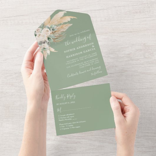 Sage Green Boho Pampas Grass Wedding All In One Uitnodiging (Afscheurbaar)