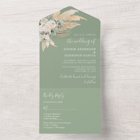 Sage Green Boho Pampas Grass Wedding All In One Uitnodiging (Binnen)