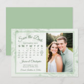 Sage Green Boho Peonies Calendar & Photo Wedding Save The Date (Voorkant / Achterkant)