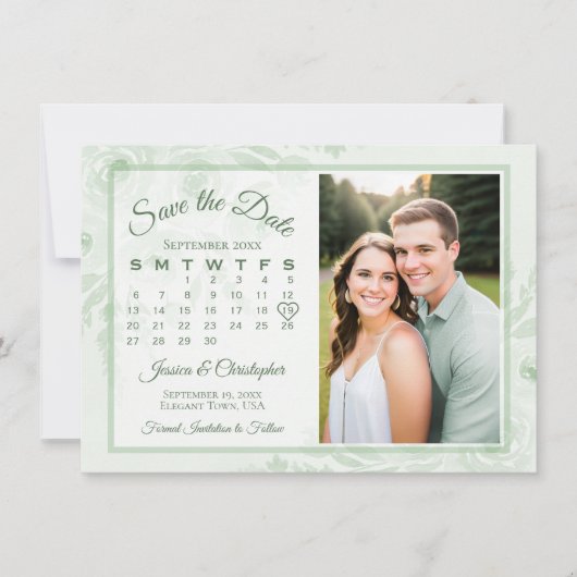 Sage Green Boho Peonies Calendar & Photo Wedding Save The Date (Voorkant)