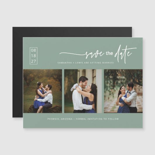 Sage Green Boho Photo Save the Date Magnetic Kaart (Voorkant / Achterkant)