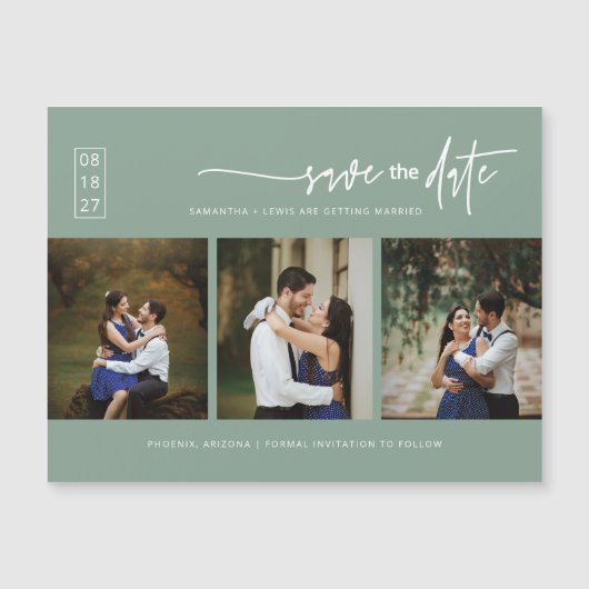 Sage Green Boho Photo Save the Date Magnetic Kaart (Voorkant)
