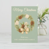 Sage Green Boho Pine Greenery Krans Feestdagenkaart (Staand voorkant)