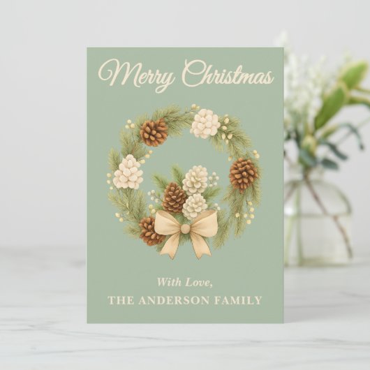 Sage Green Boho Pine Greenery Krans Feestdagenkaart (Staand voorkant)