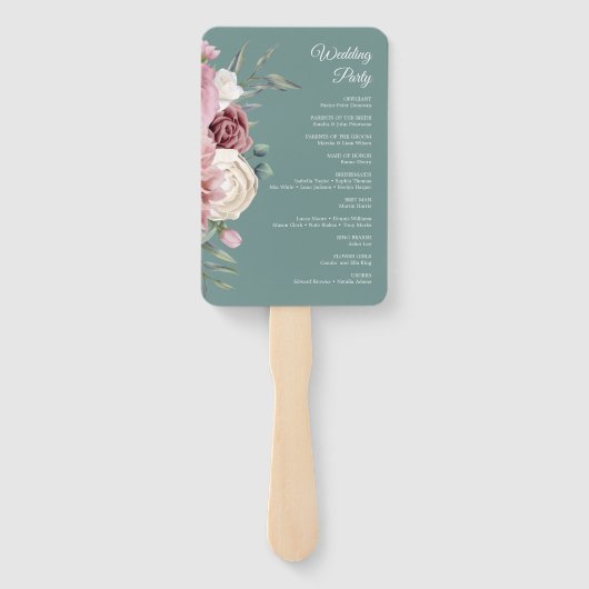 Sage Green Boho Pink Floral Wedding Programme Handwaaier (Achterkant)