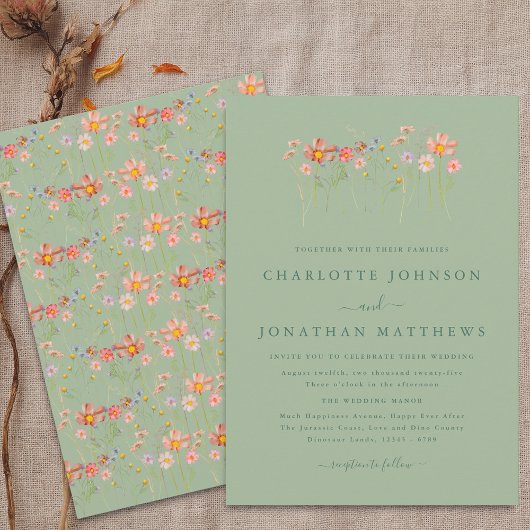 Sage Green Boho Rustieke Wildflower Garden Wedding Kaart