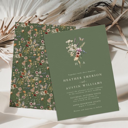 Sage Green Boho Wedding Invitation Kaart