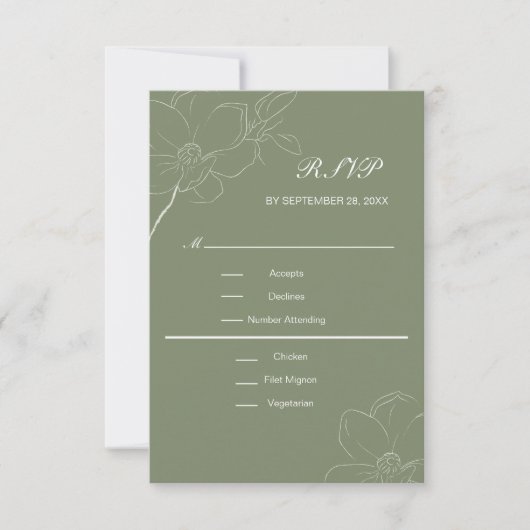 Sage Green Boho White Floral Botanical Wedding RSVP Kaartje (Voorkant)