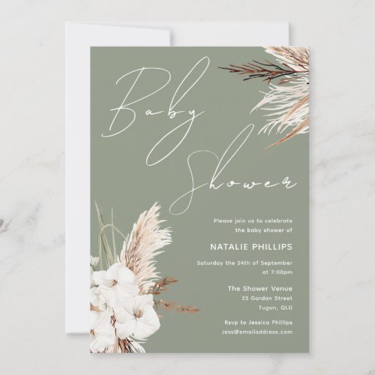 Sage Green Boho White Floral Modern Baby shower Kaart (Voorkant)