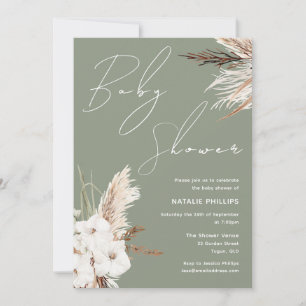 Sage Green Boho White Floral Modern Baby shower Kaart