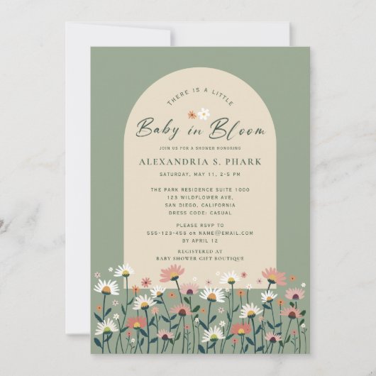 Sage Green Boho Wildflower Baby in Bloom Shower Kaart (Voorkant)