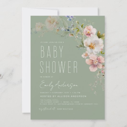 Sage Green Boho Wildflower Baby shower Elegant Kaart (Voorkant)
