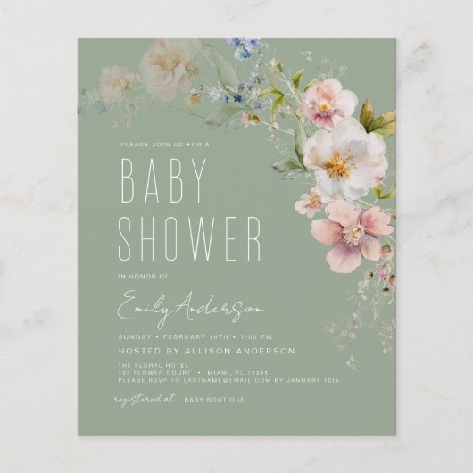 Sage Green Boho Wildflower Baby shower Invitation (Voorkant)