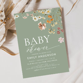 Sage Green Boho Wildflower Baby shower Kaart