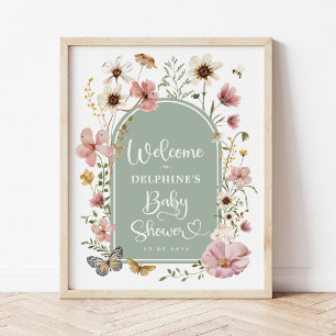 Sage Green Boho Wildflower Baby shower Welkom Poster