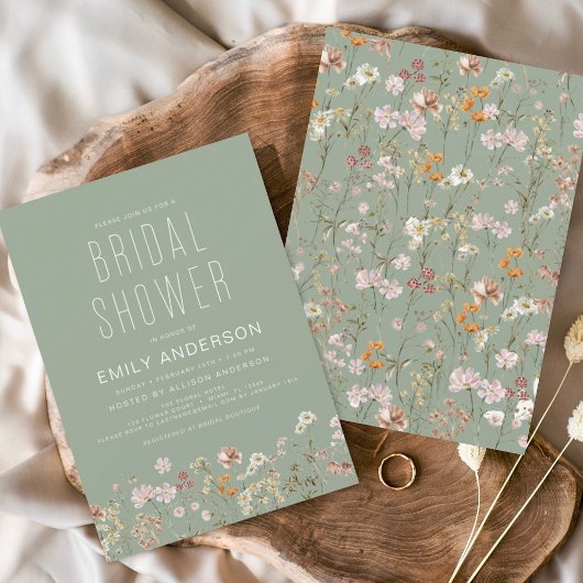 Sage Green Boho Wildflower Bridal Shower Elegant Kaart