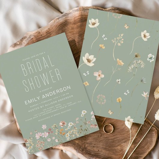 Sage Green Boho Wildflower Bridal Shower Elegant Kaart