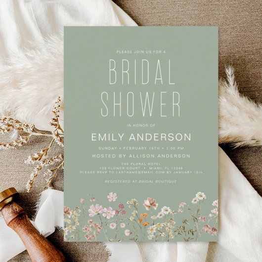 Sage Green Boho Wildflower Bridal Shower Elegant Kaart
