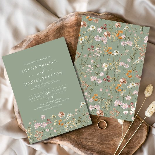 Sage Green Boho Wildflower Garden Wedding Kaart