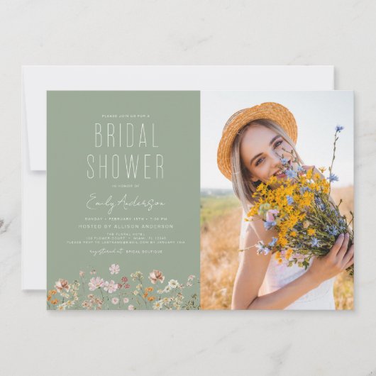 Sage Green Boho Wildflower Vrijgezellenfeest Foto Kaart (Voorkant)