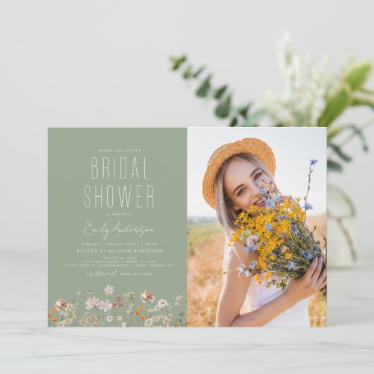 Sage Green Boho Wildflower Vrijgezellenfeest Foto Kaart (Staand voorkant)
