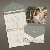 Sage Green Boho Wildflower Wedding All In One Uitnodiging