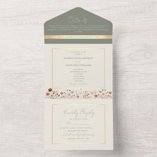 Sage Green Boho Wildflower Wedding All In One Uitnodiging (Binnen)