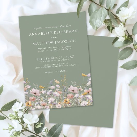 Sage Green Boho Wildflower Wedding Kaart