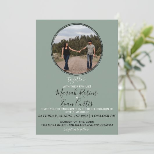 SAGE GREEN Boho Wreath Photo Wedding Invitation Kaart (Staand voorkant)