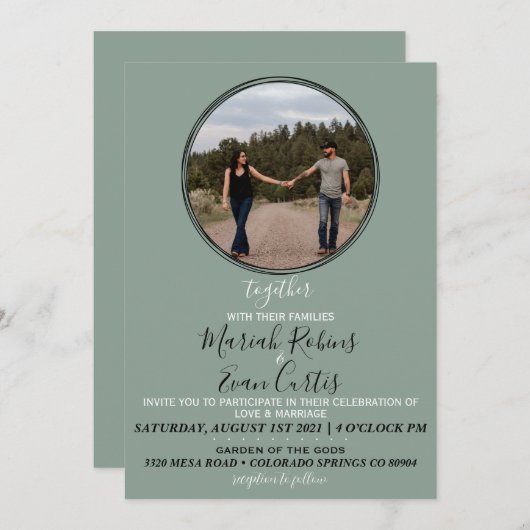 SAGE GREEN Boho Wreath Photo Wedding Invitation Kaart (Voorkant / Achterkant)