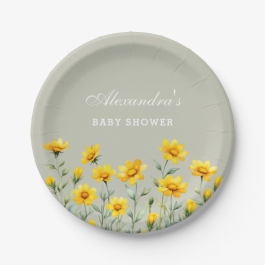 Sage Green Boho Yellow Wildflower Baby shower Papieren Bordje (Voorkant)