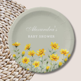 Sage Green Boho Yellow Wildflower Baby shower Papieren Bordje