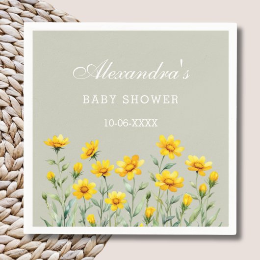 Sage Green Boho Yellow Wildflower Baby shower Servet