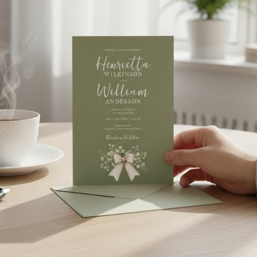 Sage Green Botanical Bow All-in-One Wedding Invita Kaart