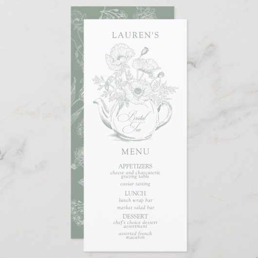  Sage Green Botanical Bridal Tea Shower Menu (Voorkant / Achterkant)