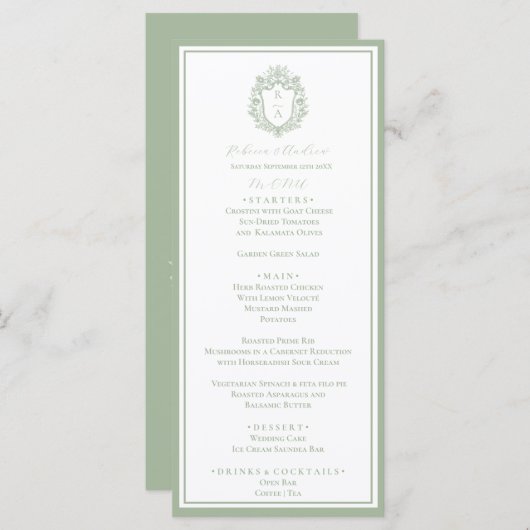 Sage Green Botanical Crest Monogram Wedding Menu (Voorkant / Achterkant)