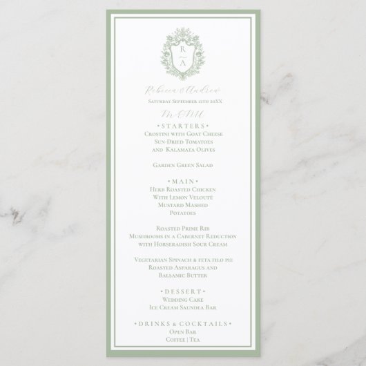 Sage Green Botanical Crest Monogram Wedding Menu (Voorkant)